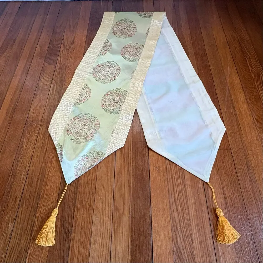 Vintage Asian Silk Brocade Table Runner Gold Tassels Chinoiserie